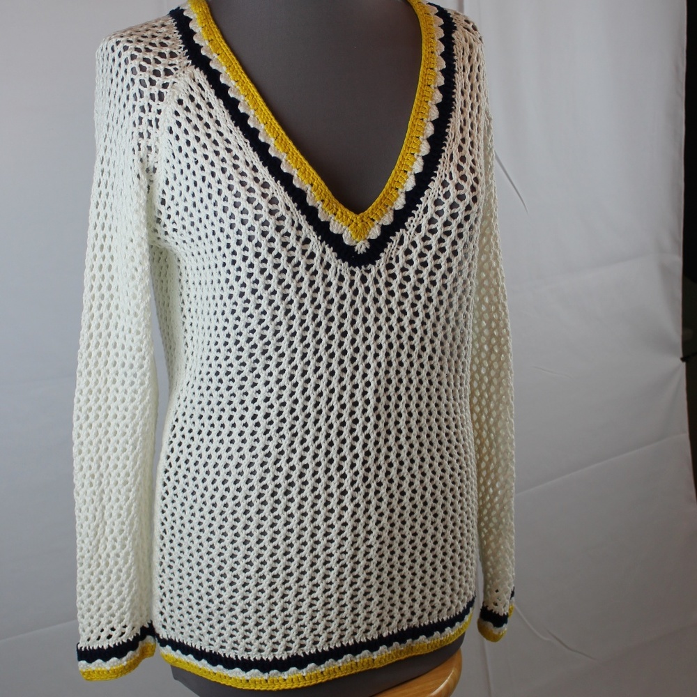 Minnie Rose Crochet Top White V-Neck Nautical NEW